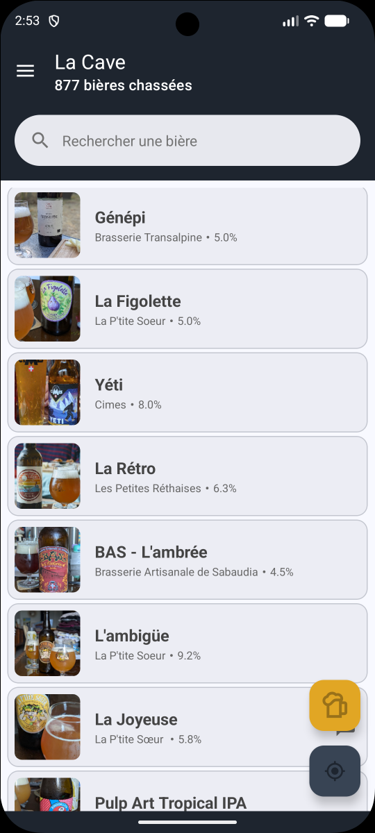 Écran de la Cave de l'application